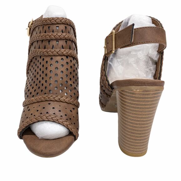 Brown Perforated Braided Peep Toe Block Heel Western Singback Sandals 7.5 - Picture 8 of 12
